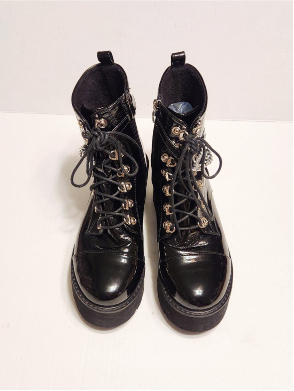 Black High Platform Silver Chain Accent Chunky Gothic Punk Ankle Boots 39/8 - Picture 5 of 12